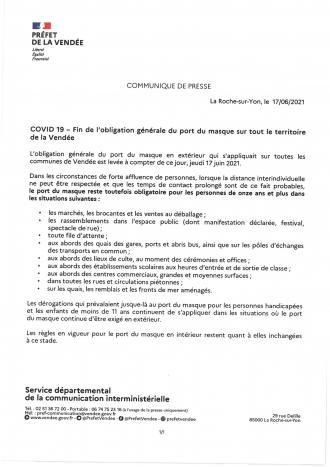 obligation générale du port du masque en extérieur sur le territoire de la Vendée